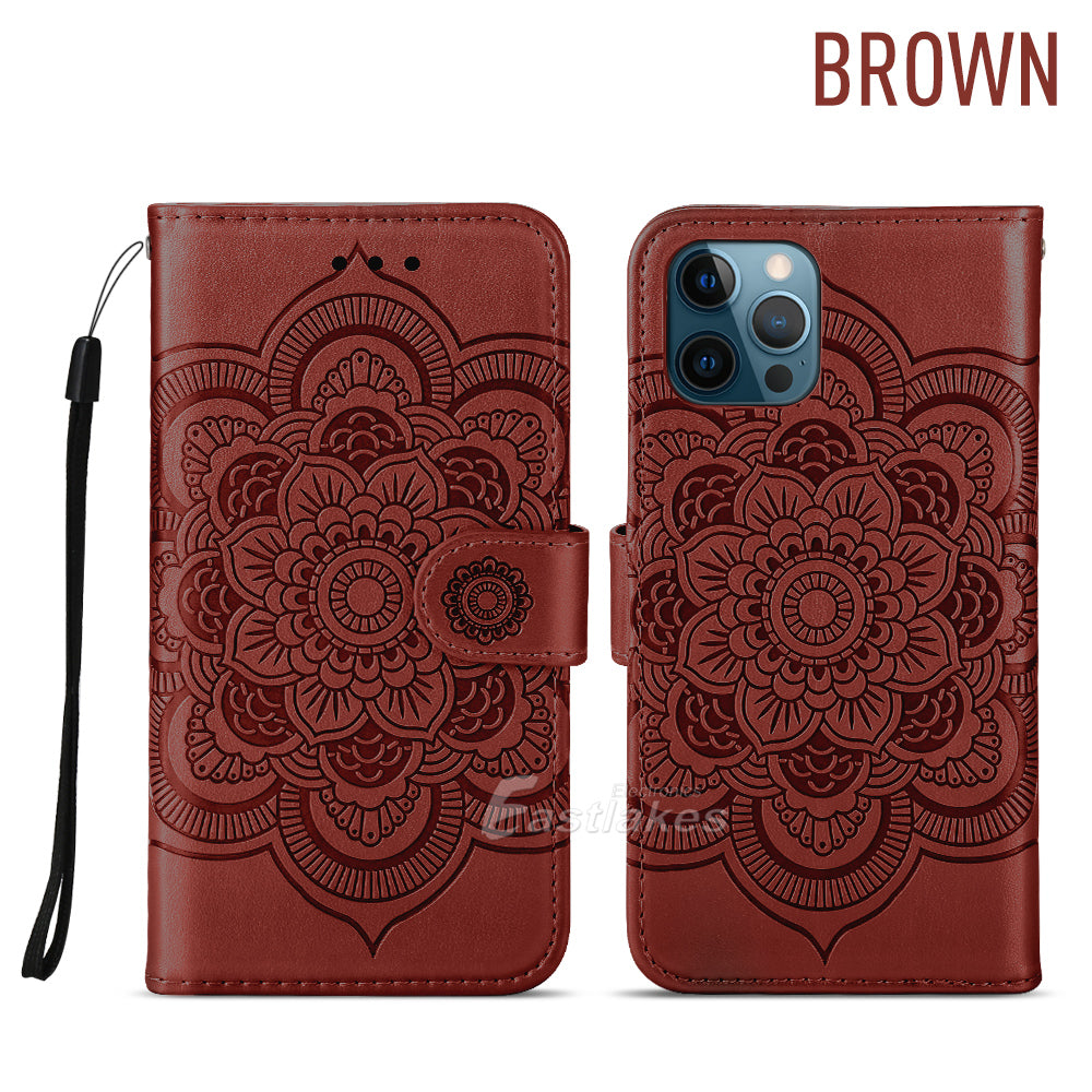 Floral Embossed Leather Wallet Case for iPhone 12 mini 11 Pro Max X XS XR - Eastlakes Electronics